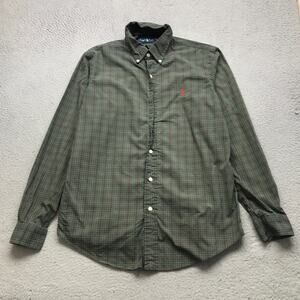 Ralph Lauren Button Down Dress Shirt Mens Medium Custom Fit Plaid Logo Green Red
